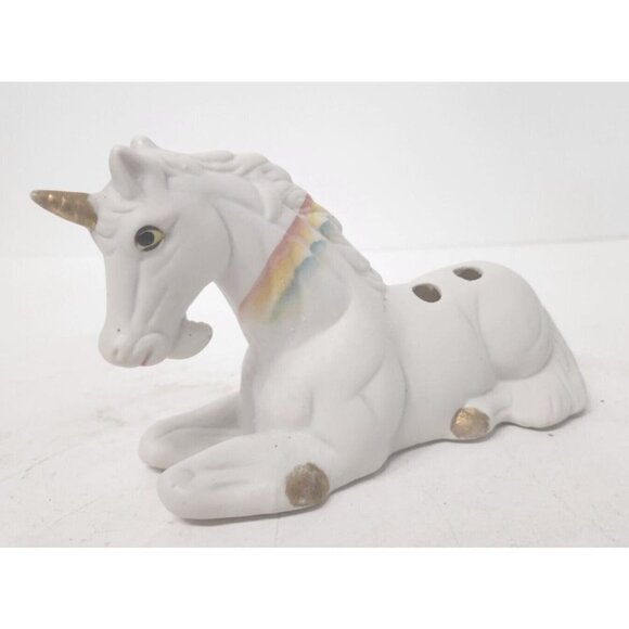 VINTAGE Rainbow Unicorn Figurine Ceramic Sitting Sculpture Matte White Gold - Picture 1 of 9